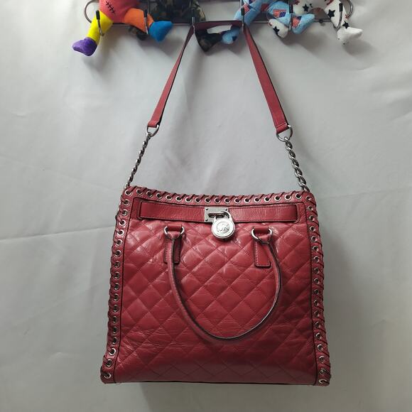 Michael Kors Hippie Grommet Hamilton Red Quilted Leather Large Tote Bag - Picture 15 of 16